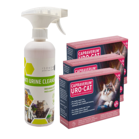 Pohlcovač zápachu moču a tablety na zápal močového mechúra mačky.