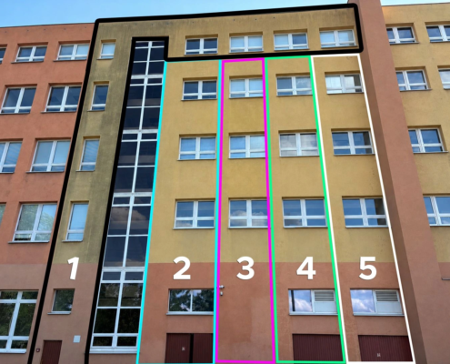 Päť testovacích plôch s rozdielnymi spôsobmi čistenia a ochrany fasády